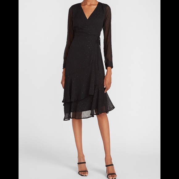 Express Dresses & Skirts - Metallic Clip Dot Ruffle Hem Wrap Midi Dress